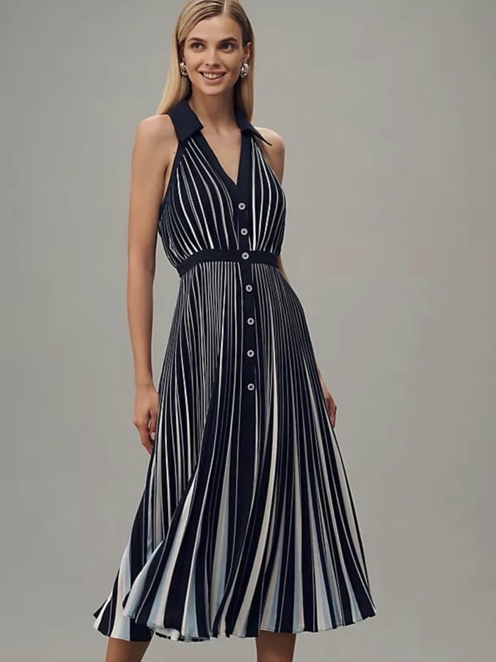 Anthropologie Petite Navy and White Striped Halter Midi Dress